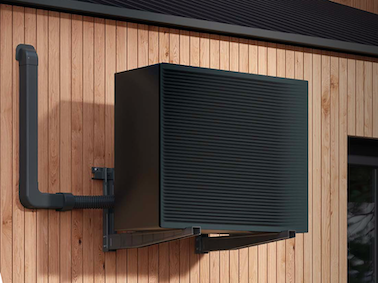 Rodigas MS257N Black Wall Bracket With Outdoor Air Conditioner Unit Mounted On Brown Wooden Facade