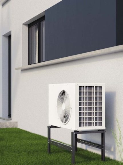 Rodigas SP 850 Black Floor Bracket With White Air Conditioner Outdoor Unit Mounted On Adjustable Support
