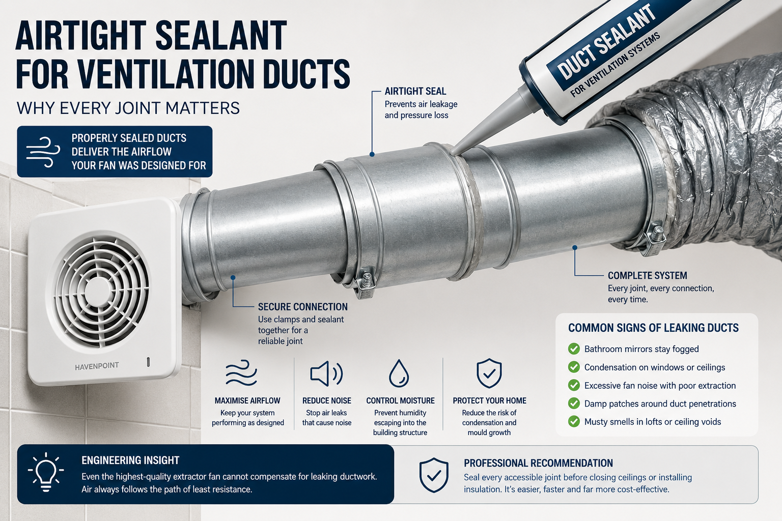 Infographic showing how to seal ventilation duct joints using airtight duct sealant to reduce air leakage, improve airflow and prevent condensation.