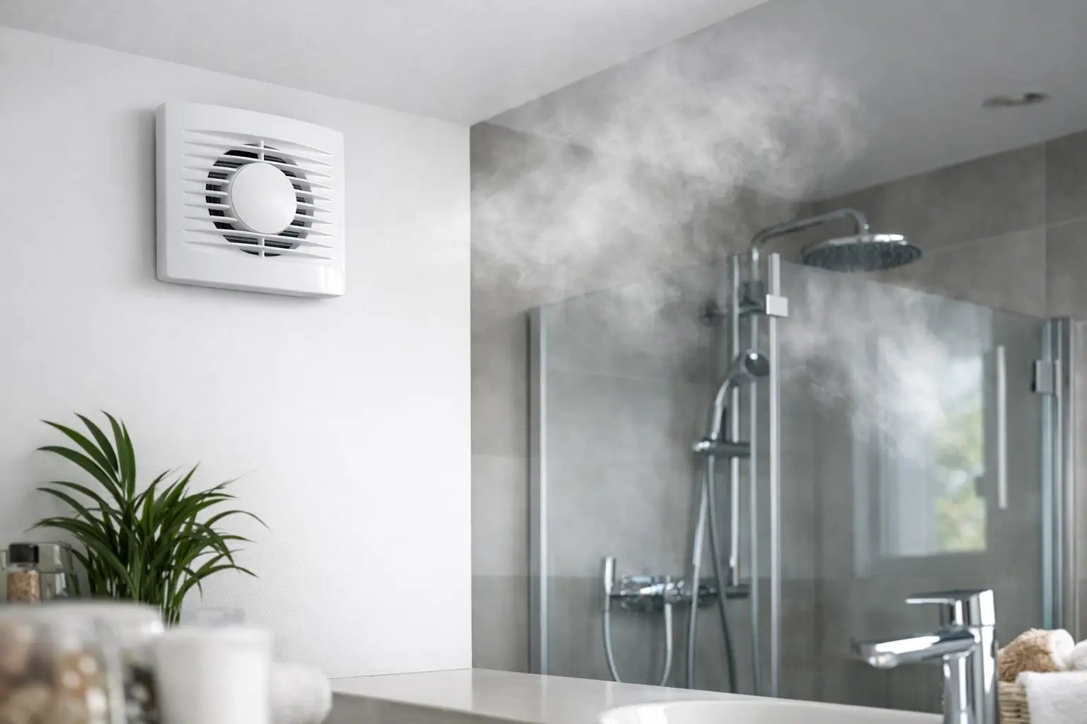 Humidity controlled bathroom extractor fan removing steam after a shower