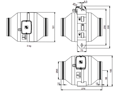 Soler And Palau JETLINE-100 Inline Duct Fan Dimensions For Ø100 mm Air Ducts 190 mm Height And 276 mm Length