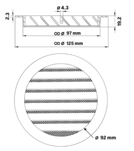 DEC International DSAV-100 C External Ventilation Grille Dimensions For Ø100 mm Air Ducts 125 mm Faceplate