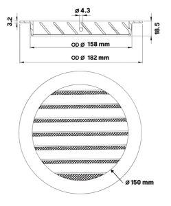DEC International DSAV-160 C External Ventilation Grille Dimensions For Ø160 mm Air Ducts Overall Grille Dimensions 182 mm