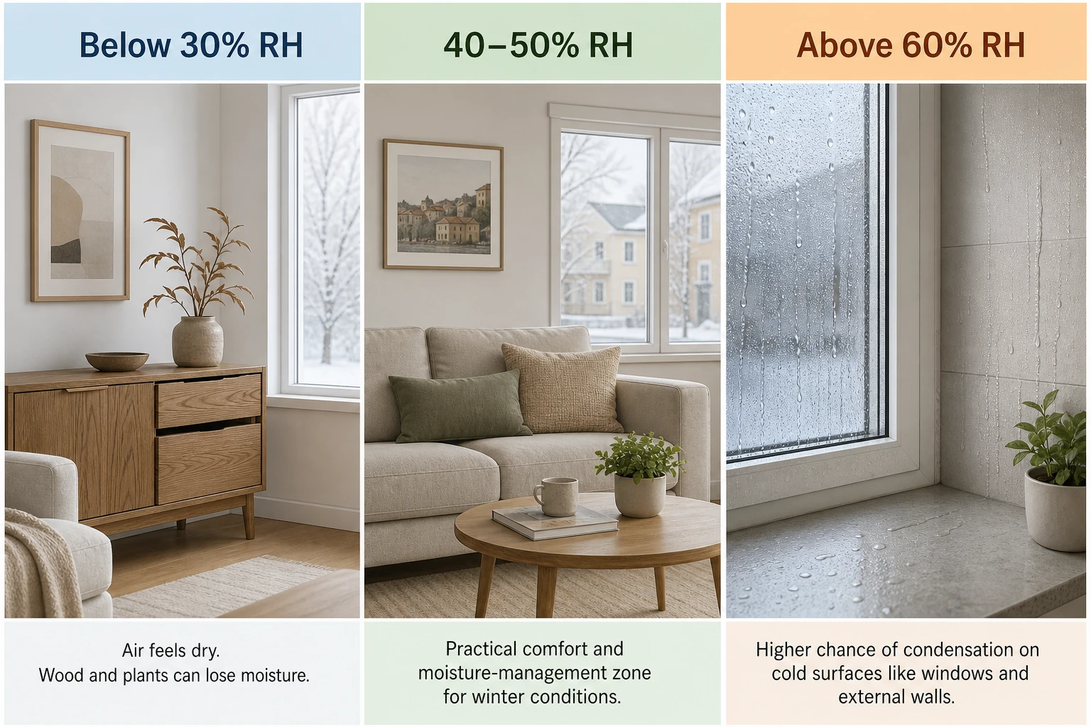 Illustration comparing below 30%, 40–50%, and above 60% RH as practical winter indoor humidity guidance zones
