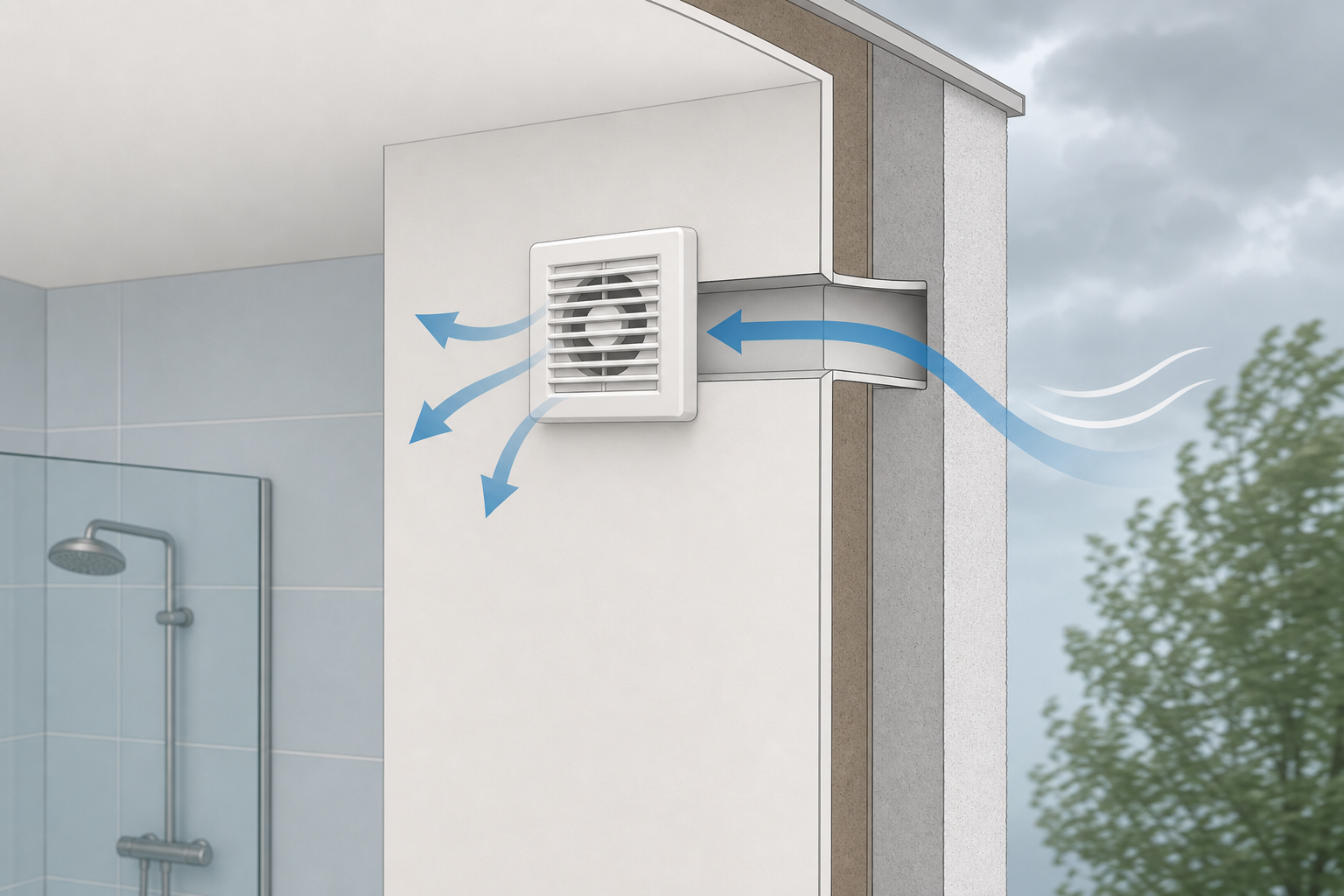 Simple diagram showing air moving back through a bathroom extractor fan opening