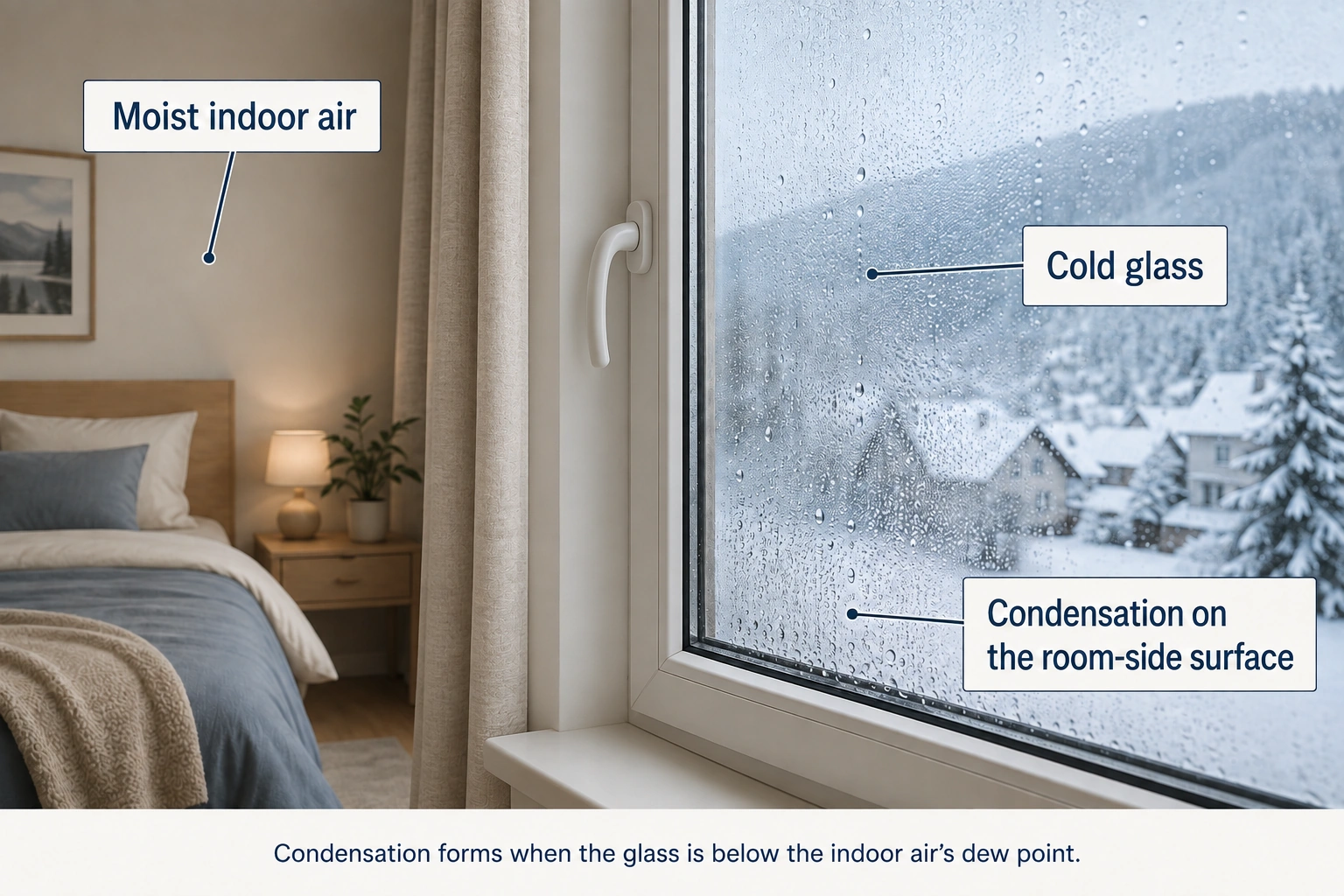 Bedroom window condensation illustration identifying moist indoor air, cold glass and droplets on the room-side surface.