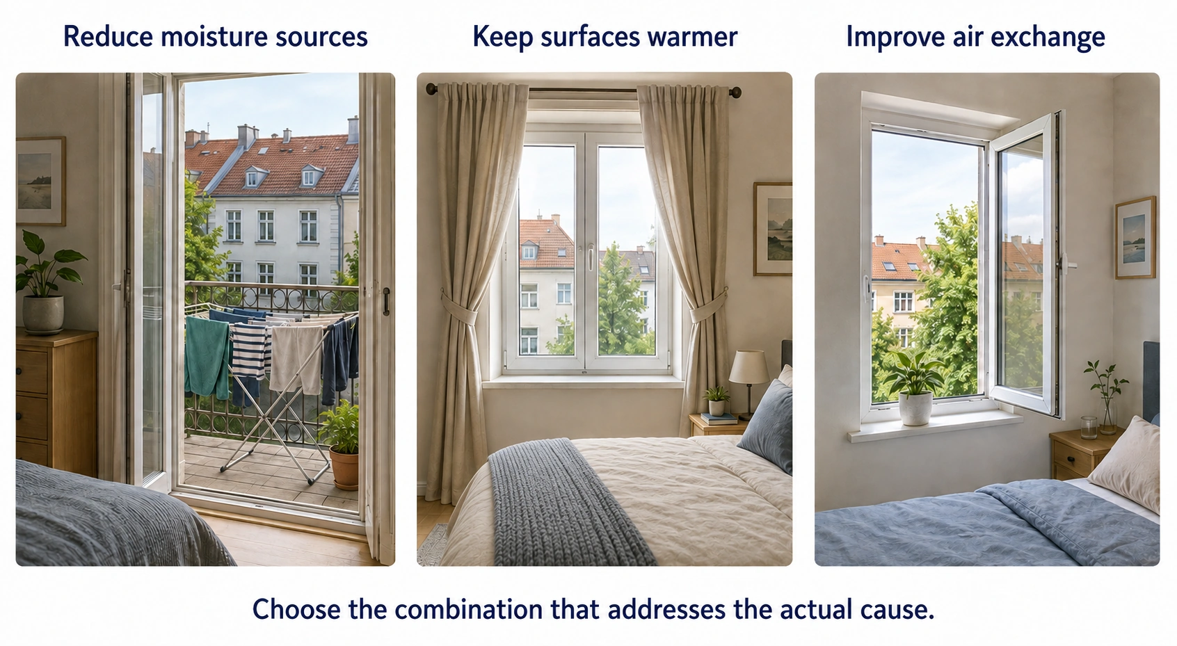 Three condensation controls: dry laundry outdoors, keep curtains clear of glazing, and air the room through an open window.
