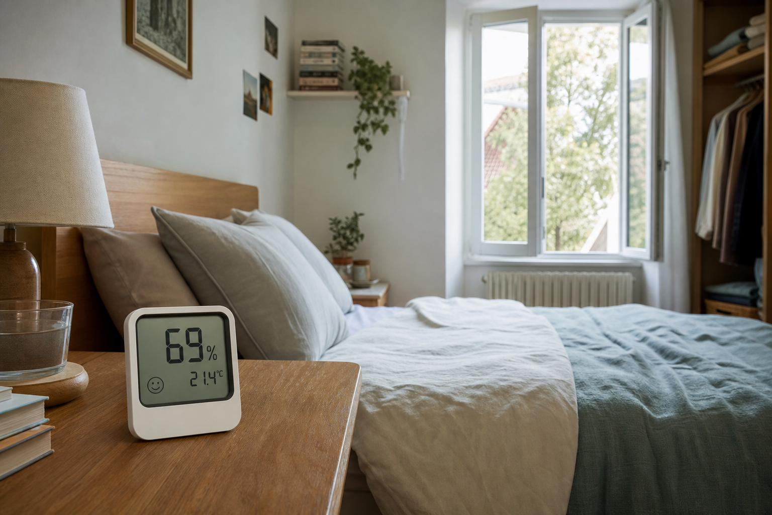 A bedroom hygrometer beside a bed with a slightly open window and soft daylight