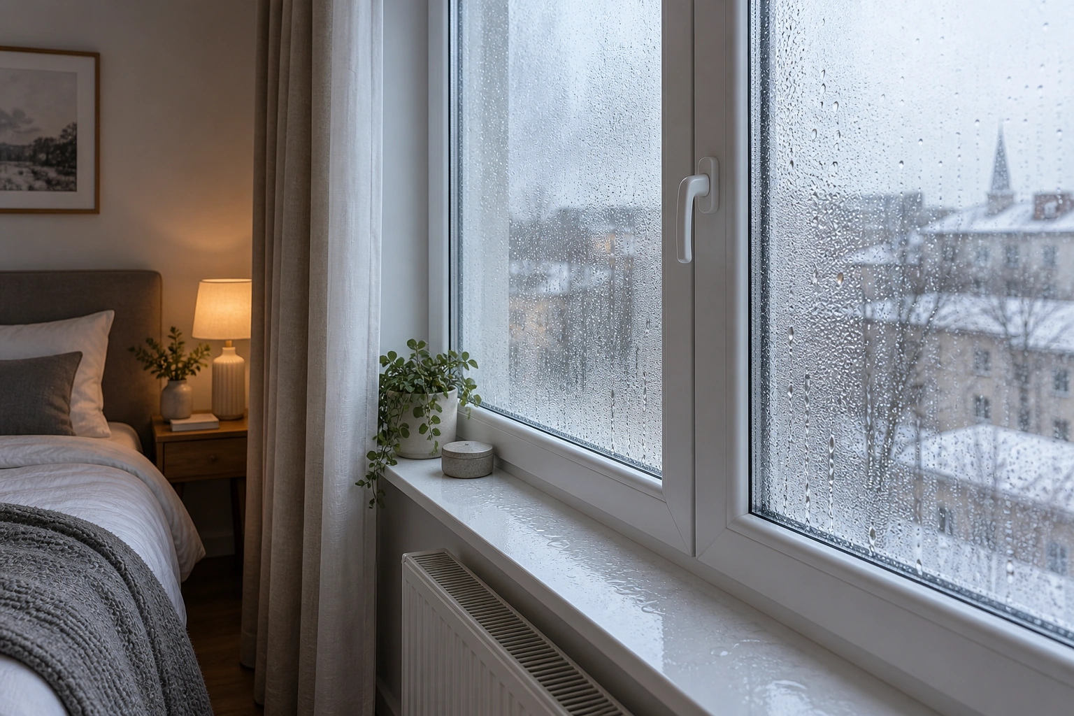 A realistic European bedroom window with morning condensation droplets on the inside of the glass and frame