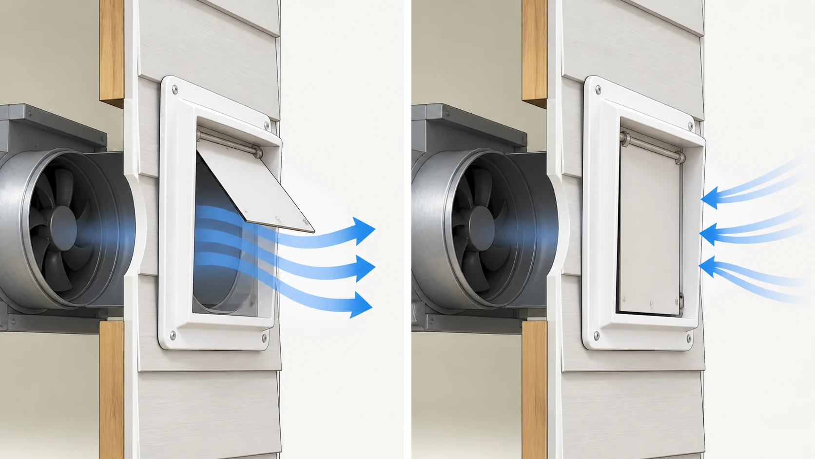 Simple diagram showing intended exhaust flow and reverse-flow closure through a conventional shutter.