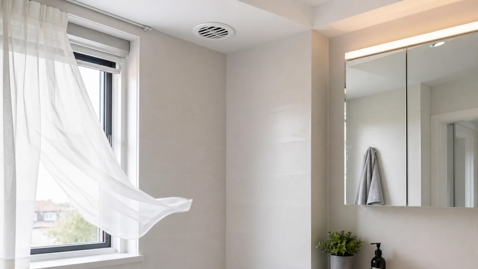 Extractor fan backdraft shutter context in a modern European bathroom with a visible cold draught.