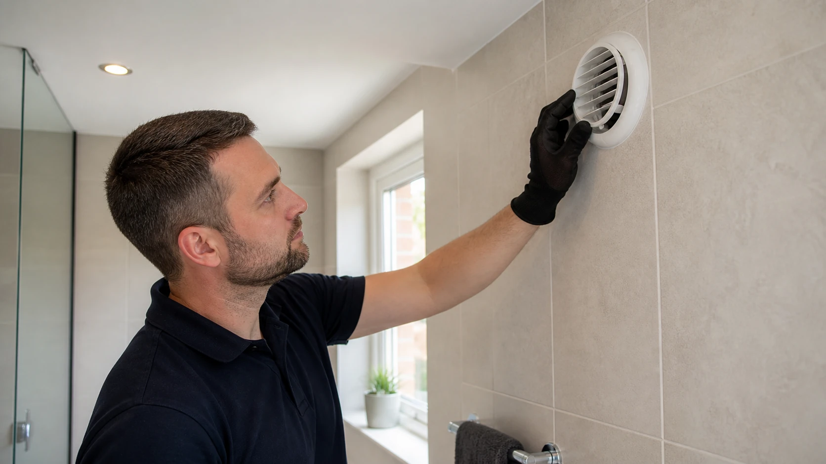 Technician inspecting a residential backdraft shutter for sticking, rattling or resistance.